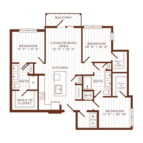 Floor plan for 3 beds, 2 baths, 1400 sqft